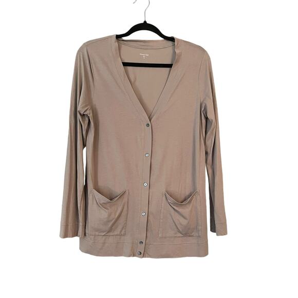 Garnet Hill Light Brown Light Cardigan M Pockets Green Cotton Minimalist Cozy - Picture 1 of 8